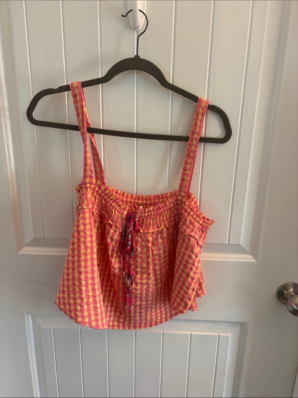 Free People Pink and Yellow Gingham Smocked Camisole
